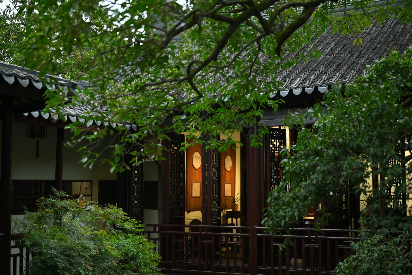 Paviljong och damm i en klassisk trädgård i Suzhou